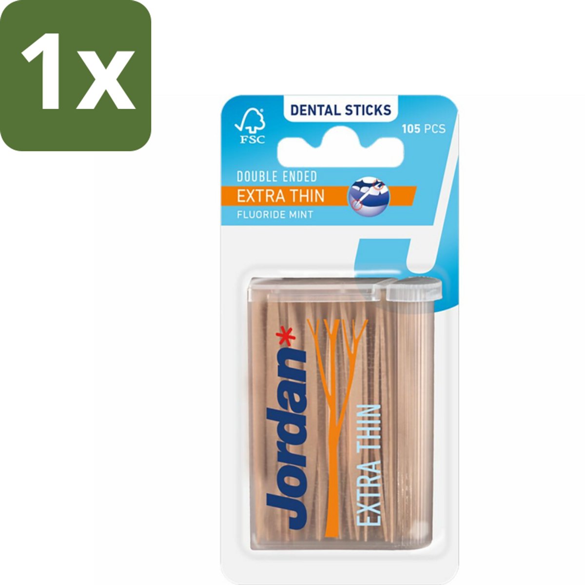 1 x Jordan Tandenstokers Double Ended Extra Thin 105 stuks per verpakking - Tandenstokers - Interdentale Ruimtes - Tanden Reinigen - Tandplak Verwijderen - Fluoride
