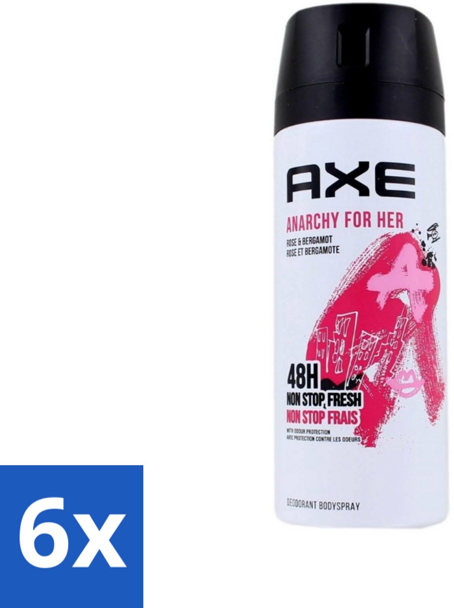 6 x Axe - Deodorant Bodyspray - 48hrs Non Stop Fresh - Anarchy For Her - Rose & Bergamot - 150 ml - Axe Anarchy For Her - Deodorant - Roos En Bergamot - Frisse Geur - Vrouwelijkheid