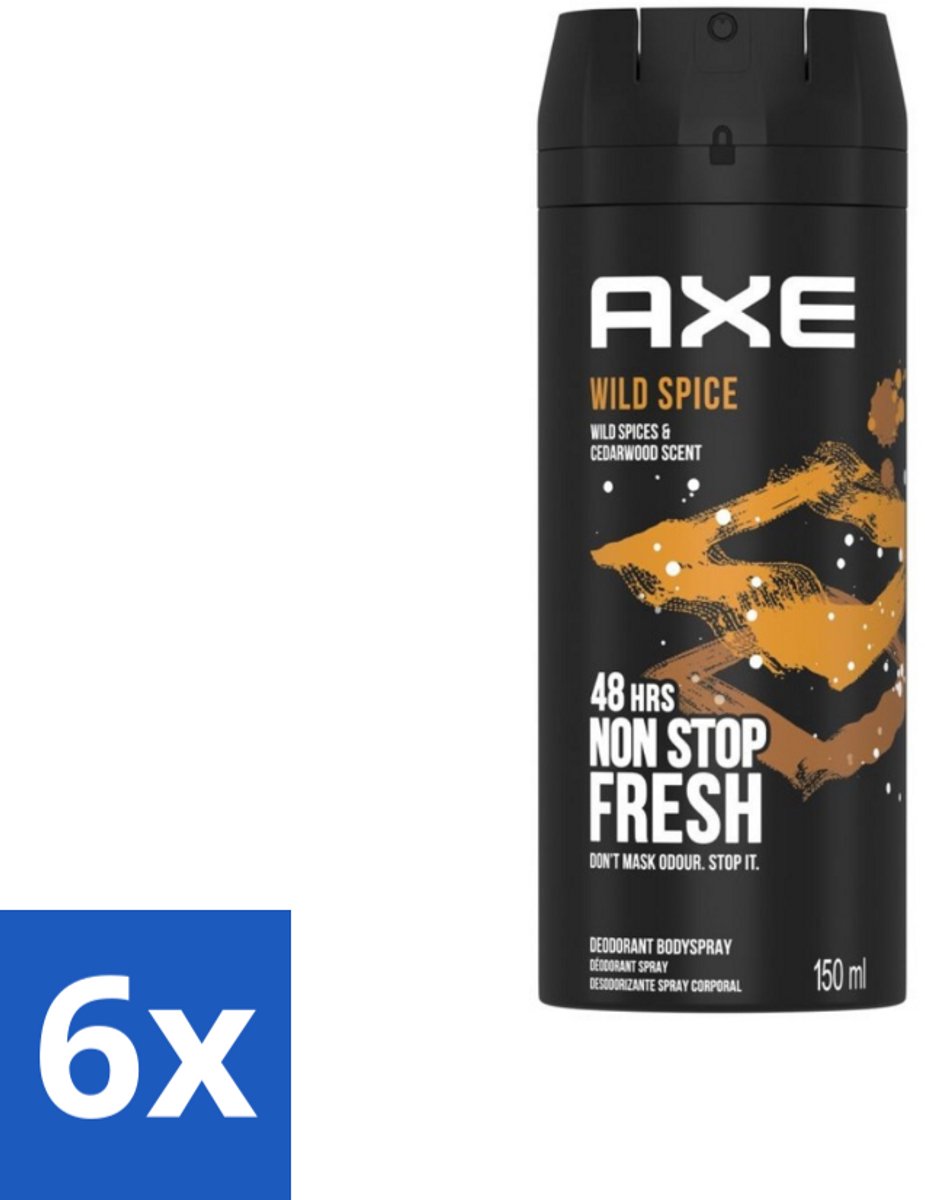 6 x Axe - Deodorant Bodyspray - 48hrs Non Stop Fresh - Wild Spice - Wild Spices & Cedarwood - 150 ml - Axe Wild Spice - Deodorant Bodyspray - Cederhout Geur - Frisse Geur - Anti-geur