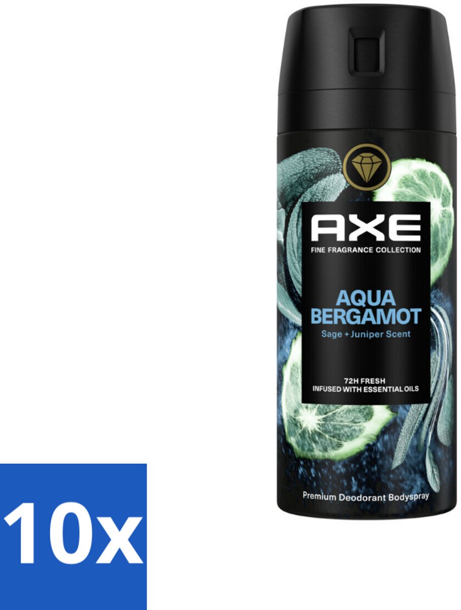 10 x Axe Deodorant Bodyspray Aqua Bergamot 150 ml - Axe Aqua Bergamot - Deodorant Bodyspray - 72 Uur Bescherming - Onweerstaanbare Geur - Premium Geur