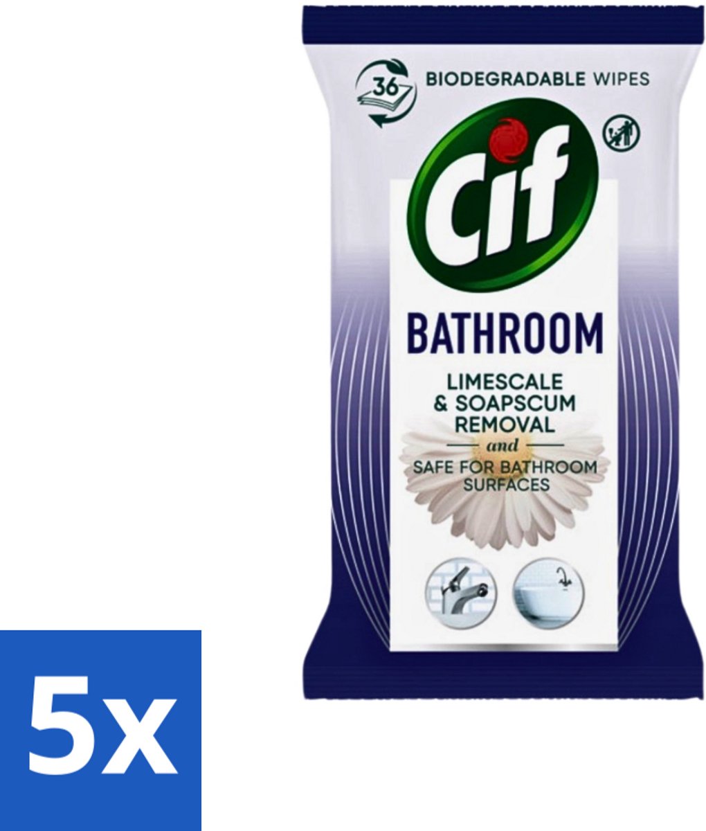 Cif - Badkamer - Hygiënische Doekjes - Kalkaanslag & Zeepresten Verwijderen - 36 stuks per verpakking - Bulkverpakking - 5 stuks