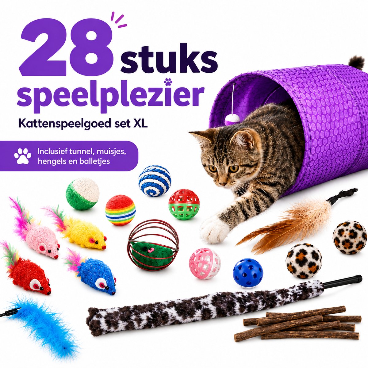 Framehack Kattenspeelgoed Set 28-delig – Met Kattentunnel, Speelhengel, Ballen, Muizen, Veren & Catnip/Kattenkruid – Interactief Speelgoed voor Katten en Kittens