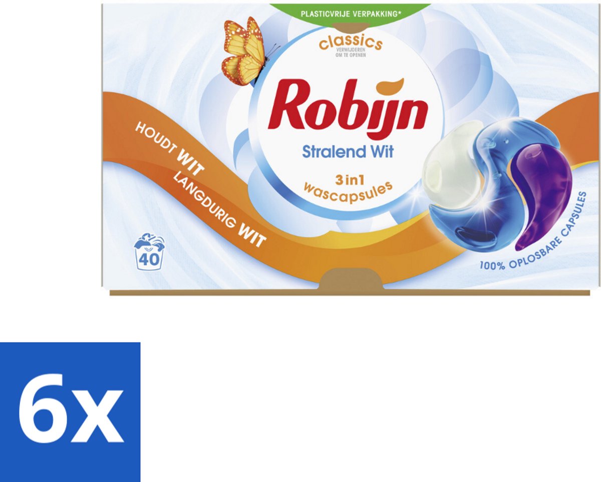 6 x Robijn Wascapsules 3-in-1 Stralend Wit 40 stuks per verpakking - Wit Was - Wascapsules - Wasverzorging - White Serum - Fris Geur