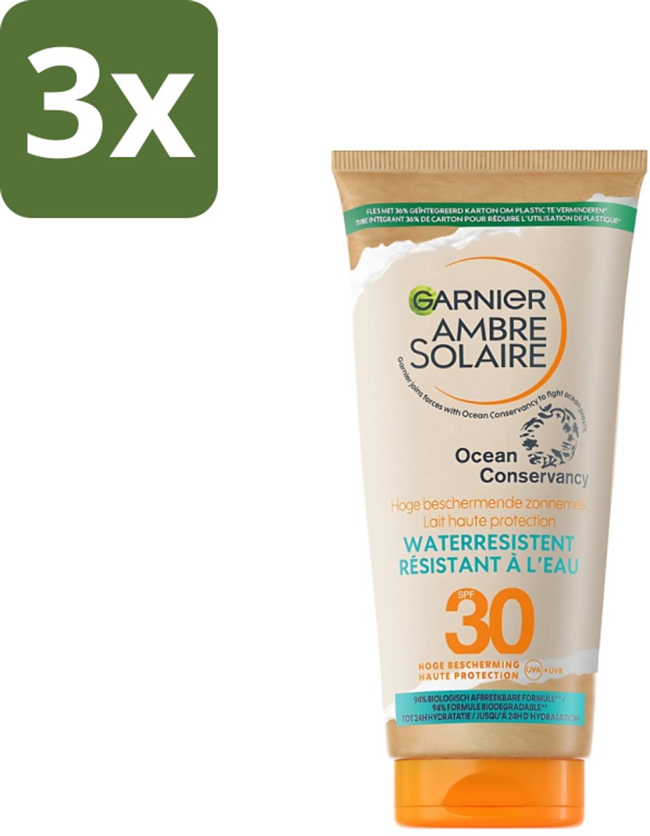 3 x Garnier - Ambre Solaire - Waterresistente Beschermende Zonnebrandmelk - SPF 30 - 175 ml - Zonbescherming - Zonnebrandmelk - SPF 30 - Waterresistent - Huidbescherming