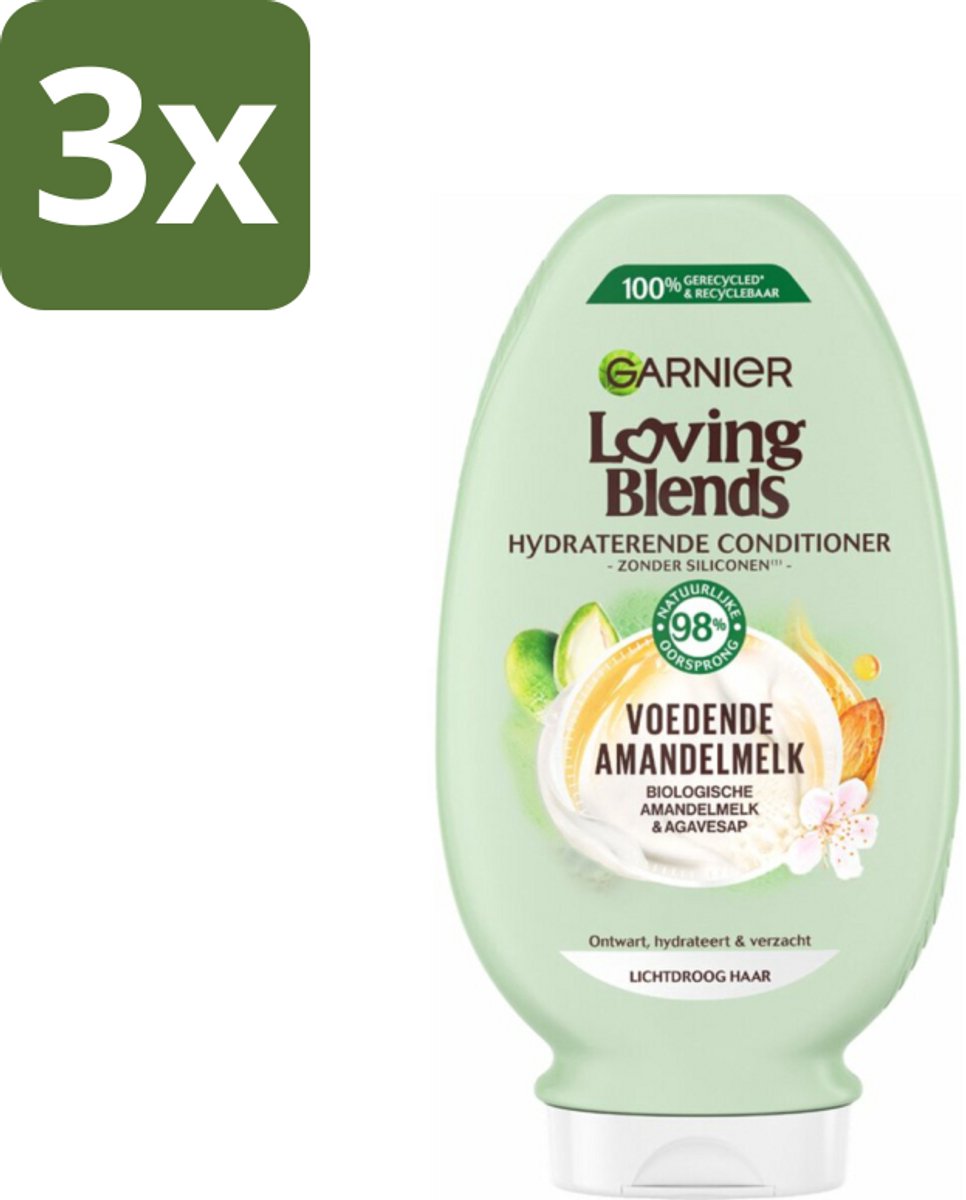 3 x Garnier Loving Blends Voedende Amandelmelk Conditioner 250 ml - Lichtdroog Haar - Voedende Conditioner - Amandelmelk - Biologisch Haarverzorging - Hydraatatie