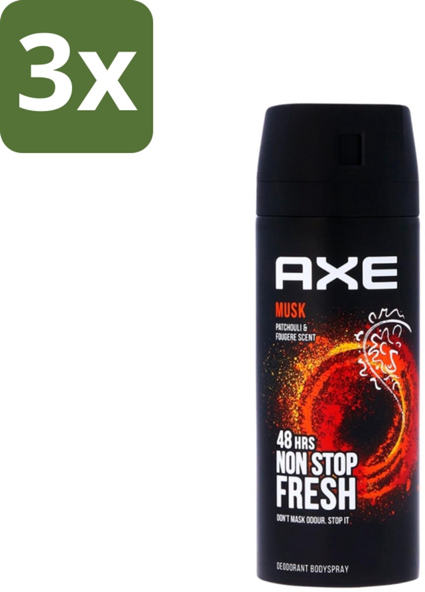 3 x Axe - Deodorant Bodyspray - 48hrs Non Stop Fresh - Musk - Patchouli & Fougere - 150 ml - Axe Musk Deodorant - Musk Deodorant - Deodorant Bodyspray - 48h Fresh - Musk Geur