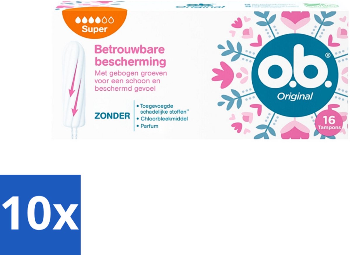 10 x o.b. Tampons - Original Super - Gebogen Groeven - Voor Betrouwbare Bescherming - 16 Tampons - Tampons - Menstruatiebescherming - Gebogen Groeven - StayDry - Plantaardige Kern