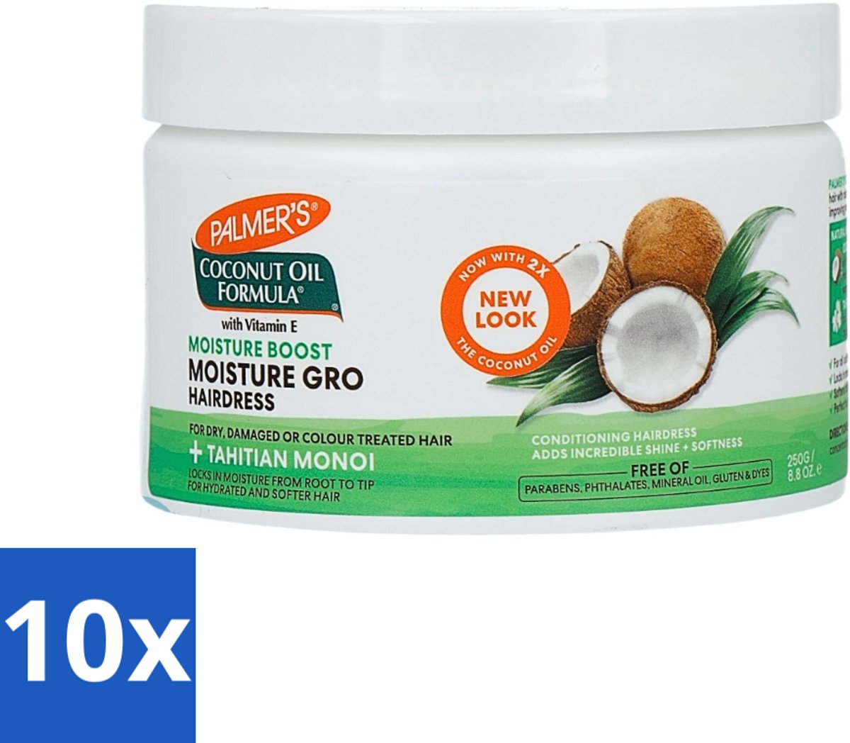 10 x Palmers - Cremespoeling - Coconut Oil - Condit Pot - 250 ml - Kokosolie Conditioner - Droog Haar - Beschadigd Haar - Haar Herstel - Haar Hydratatie