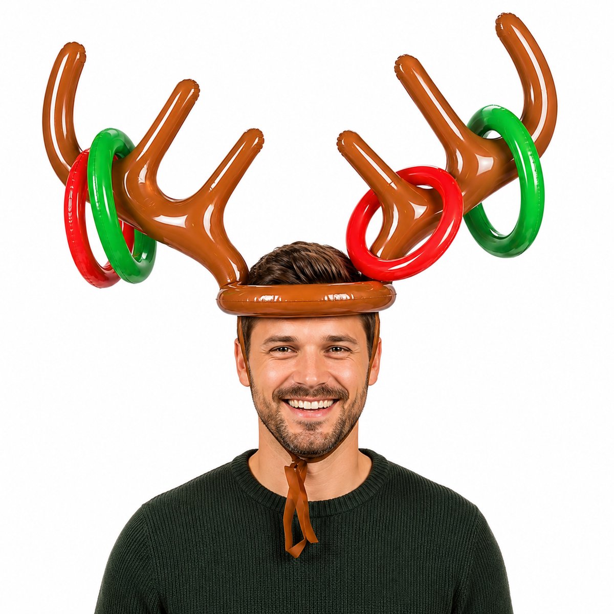 Rendier ringwerpen - Volwassenen - Kerstspel - Kerstborrel - Opblaasbaar - Set van 4 ringen en 1 gewei