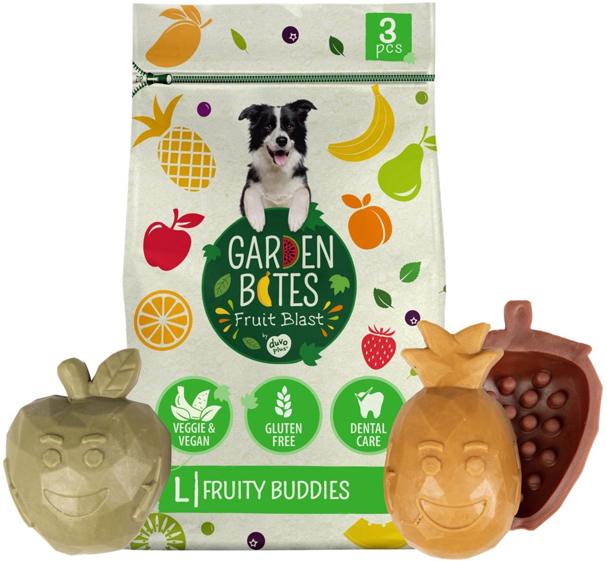 duvoplus Garden Bites - Fruity Buddies Hondensnacks - Hondensnoepjes - Vegetarisch & Glutenvrij - Large 3st