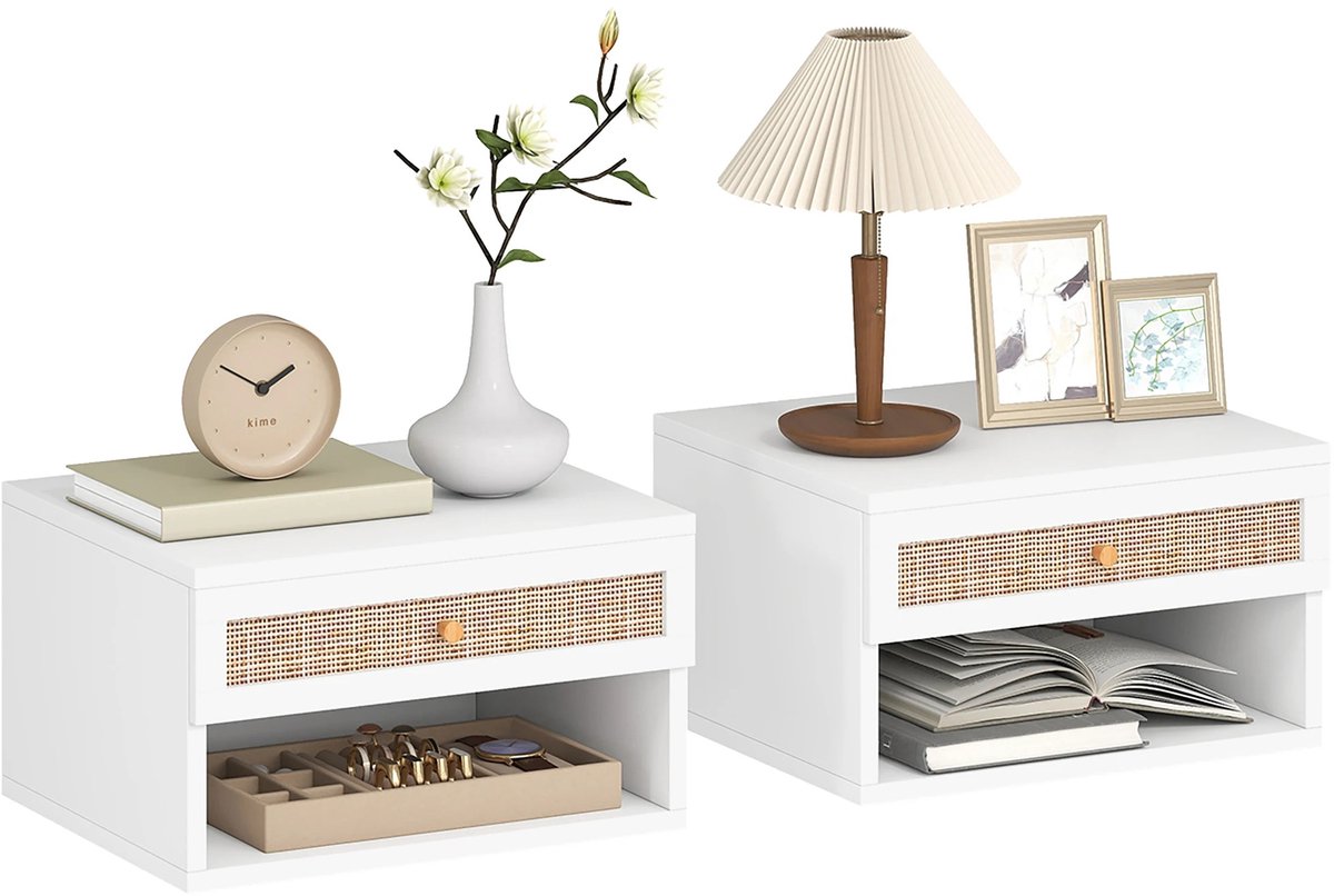 Archi Zwevende Nachtkastjes Set van 2 – Wand Nachtkastjes - Kast - Wandmontage – Rotan Lade – Open Plank – 40 x 34 x 23 cm – Wit