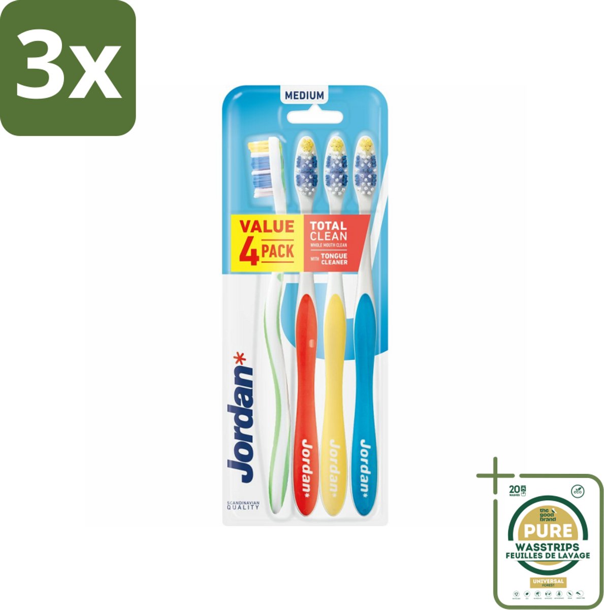 3 x Jordan Tandenborstel Total Clean Medium 4-pack 4 stuks per verpakking - Grootverpakking - Tandenborstel - Mondverzorging - Tandenborstel Set - Tandenborstel Medium - Tandenborstel Voor Gezin