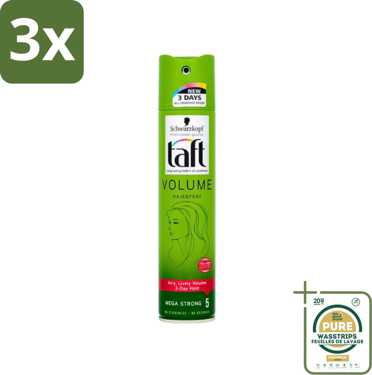 3 x Schwarzkopf - Taft - True Volume Haarspray - Mega Strong - Volumeboost & Fixatie - 250 ml - Grootverpakking - Volume Haarspray - Haarspray Volume - Haarspray Fixatie - Fijn Haar Volume - Vegan Haarspray