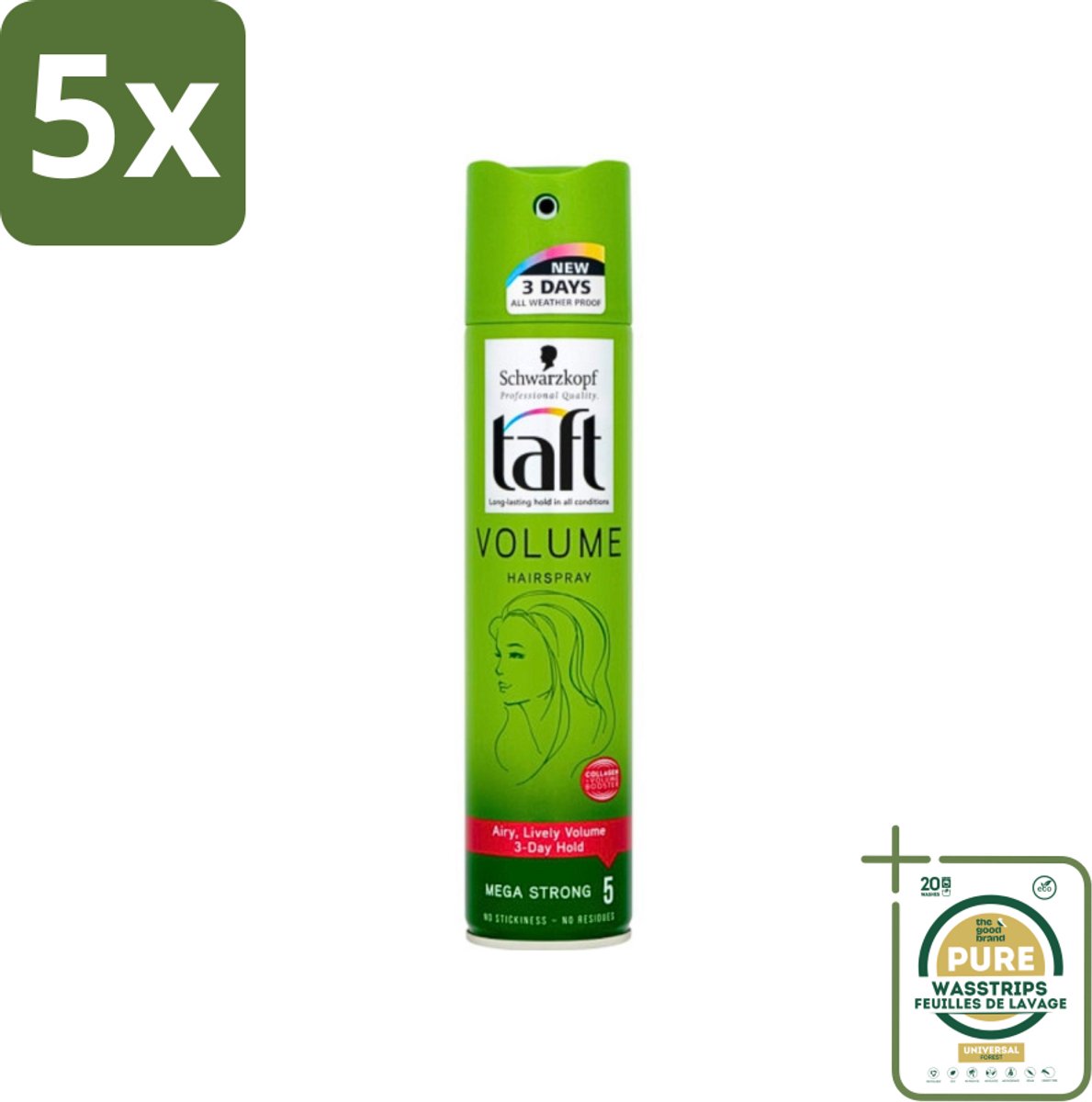 5 x Schwarzkopf - Taft - True Volume Haarspray - Mega Strong - Volumeboost & Fixatie - 250 ml - Grootverpakking - Volume Haarspray - Haarspray Volume - Haarspray Fixatie - Fijn Haar Volume - Vegan Haarspray