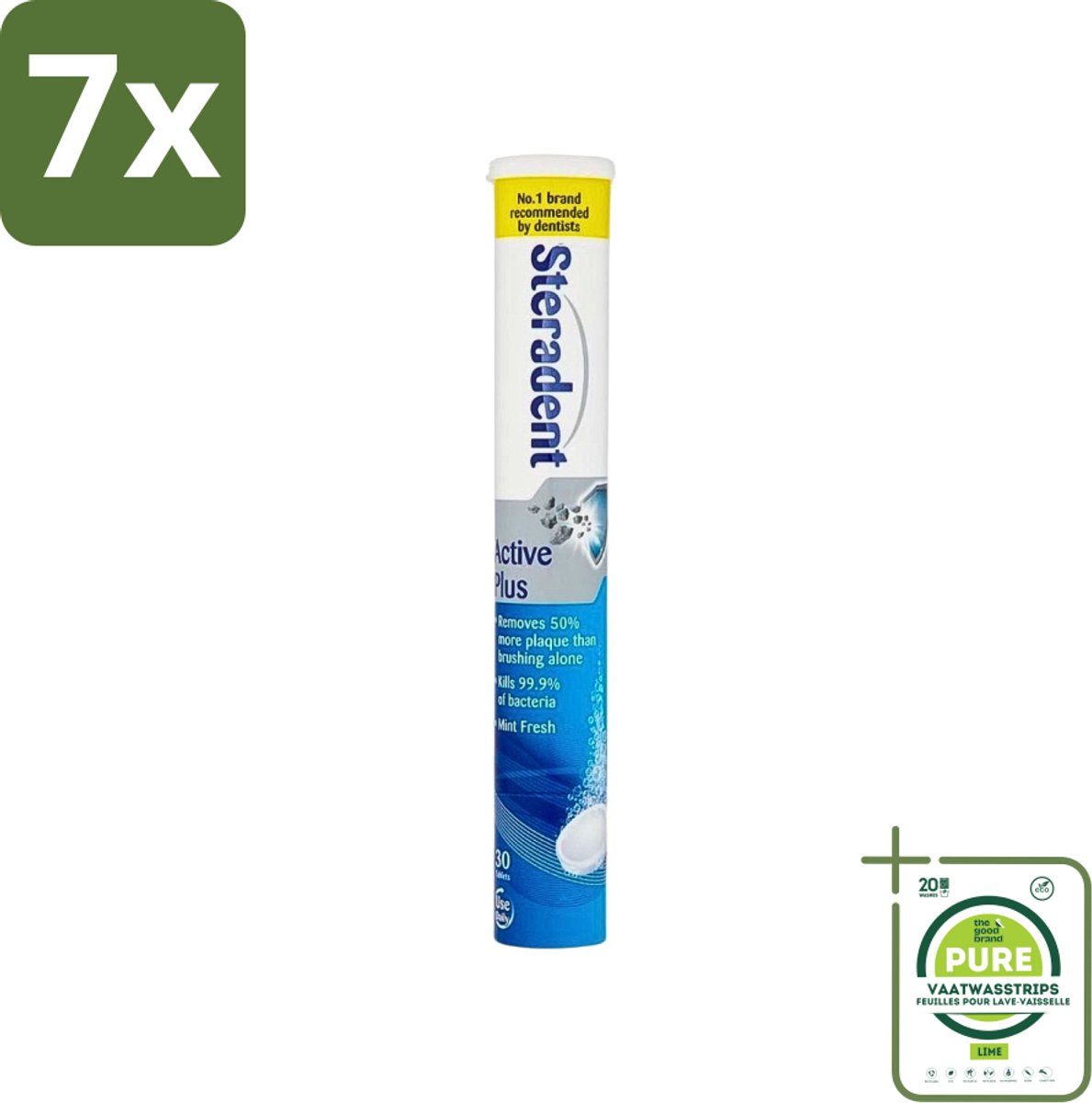 7 x Steradent - Reinigingstabletten - Active Plus - Tegen Tandsteen & Bacteriën - 30 Tabletten - Grootverpakking - Kunstgebit Reinigen - Tandsteen Verwijderen - Mondhygiëne - Bacteriën Doden - Adem Verfrissen