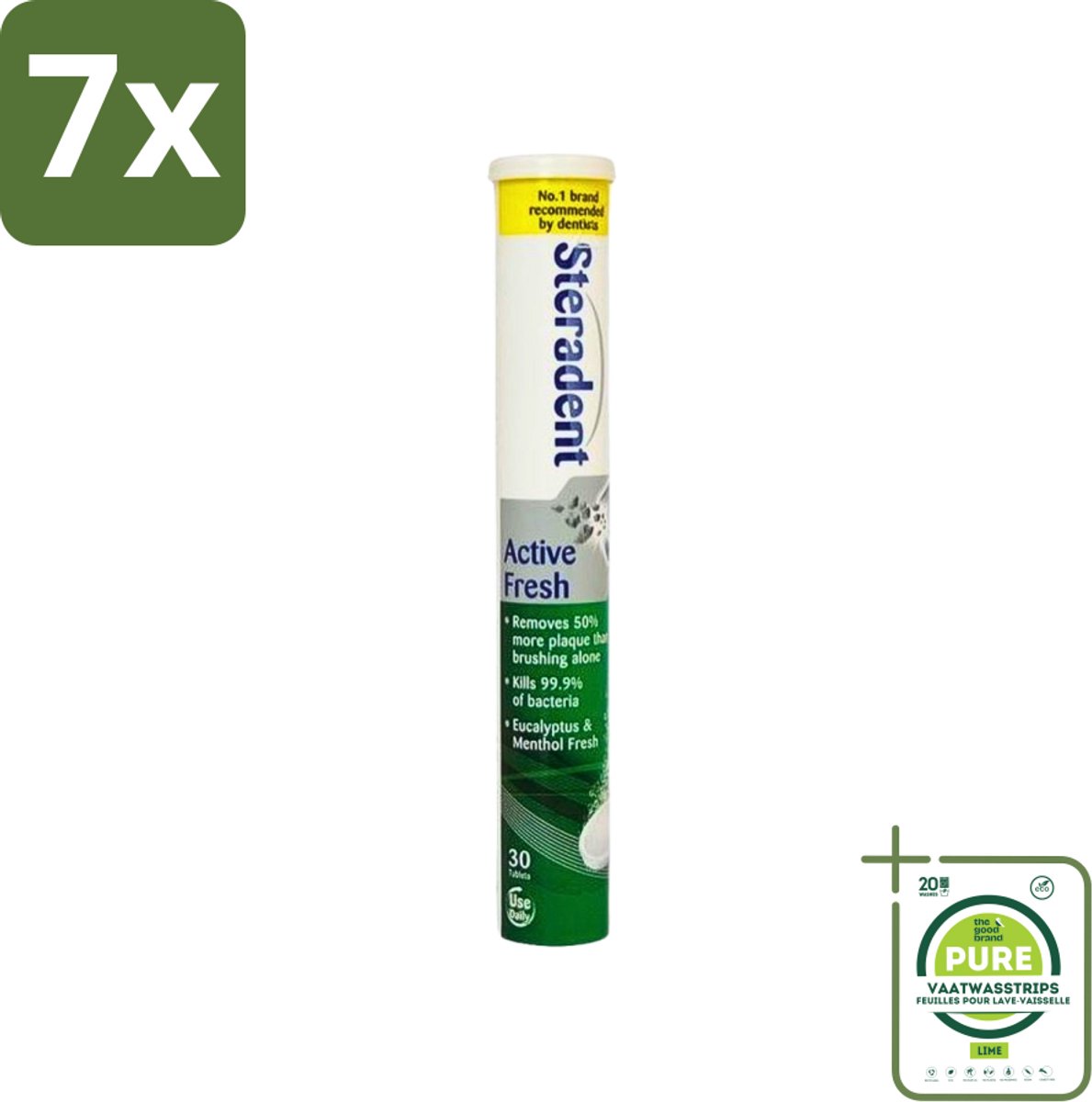 7 x Steradent - Reinigingstabletten - Active Fresh - Voor Kunstgebitten - 30 Tabletten - Grootverpakking - Kunstgebit Reinigen - Kunstgebit Reiniging - Kunstgebit Hygiëne - Kunstgebit Reinigingstablet - Kunstgebit Reinigen 3 Minuten