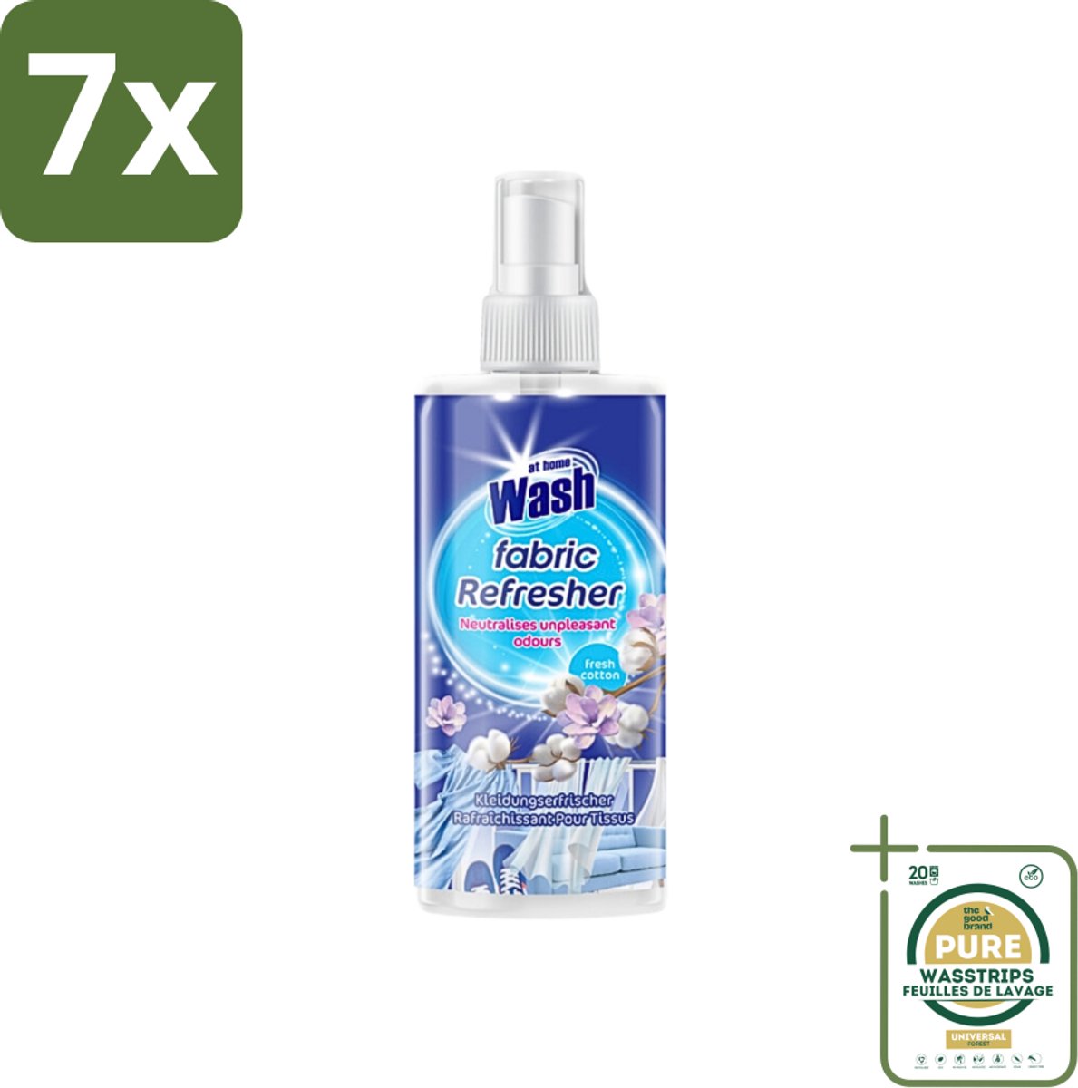 7 x At Home - Wash - Textielverfrisser - Fresh Cotton - Neutraliseert Onaangename Geuren - 300 ml - Grootverpakking - Textielverfrisser - Katoengeur - Geur Neutraliseren - Kleding Verfrissen - Stoffen Verfrissen