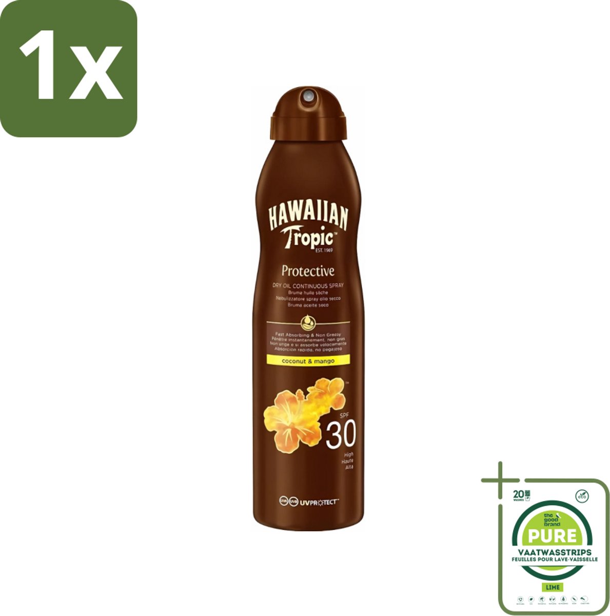 1 x Hawaiian Tropic - Zonnebrand - Island Glow Dry Oil Continuous Spray SPF 30 - Hydraterend & Beschermend - 177 ml - Zonbescherming - Zonbrand Spray - Droge Olie - SPF 30 - Huidhydratatie