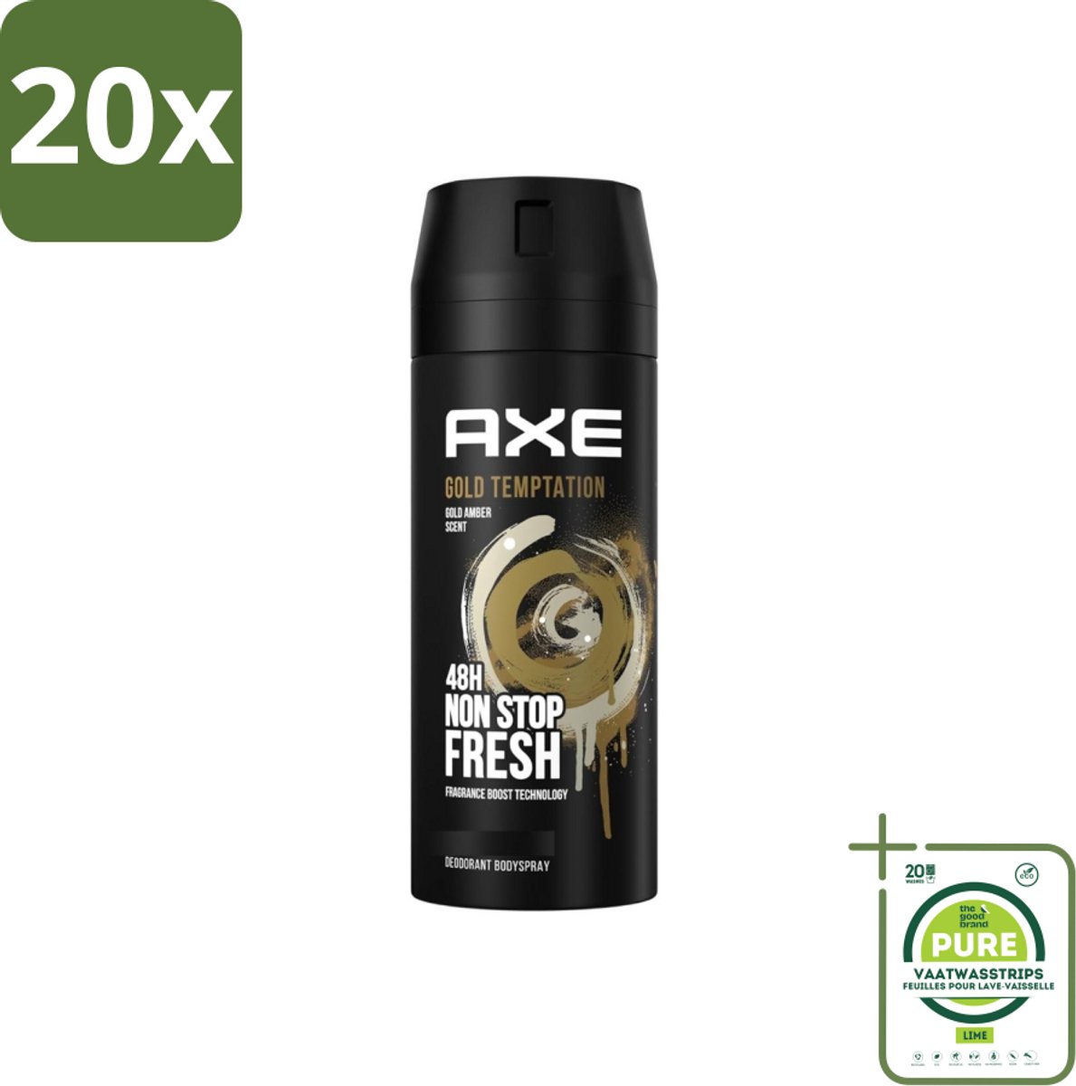 20 x Axe - Deodorant Bodyspray - 48hrs Non Stop Fresh - Gold Temptation - Gold Amber - 150 ml - Grootverpakking - Axe Gold Temptation - Deodorant Bodyspray - Frisheid - Geur - Geurbescherming