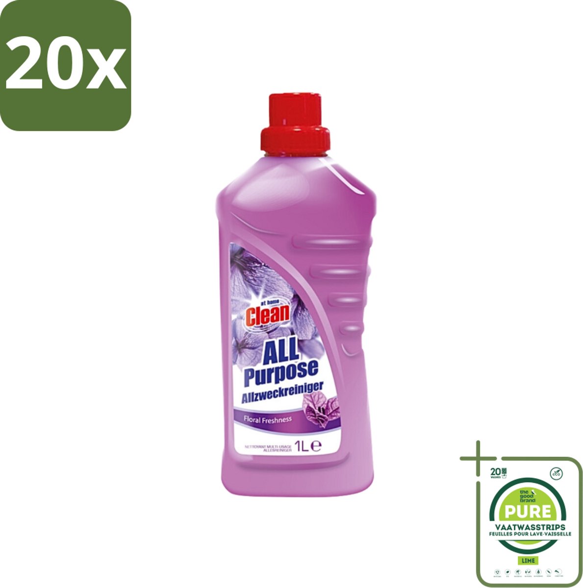 20 x At Home - Clean - Allesreiniger - Floral - Verfrissened - 1 L - Grootverpakking - Allesreiniger - Bloemige Geur - Reiniging - Vloer - Werkblad