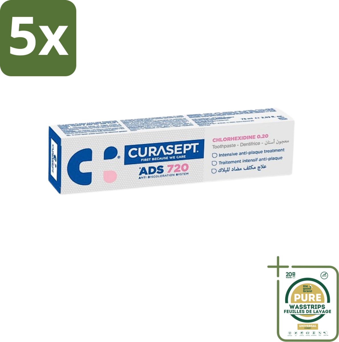 5 x Curasept - ADS 720 Gel-Tandpasta - Chloorhexidine 0.20% - Beschermt Tandvlees & Tanden - 75 ml - Grootverpakking - Chloorhexidine - Tandvlees - Mondhygiëne - Ontstoken Tandvlees - Peri-implantitis
