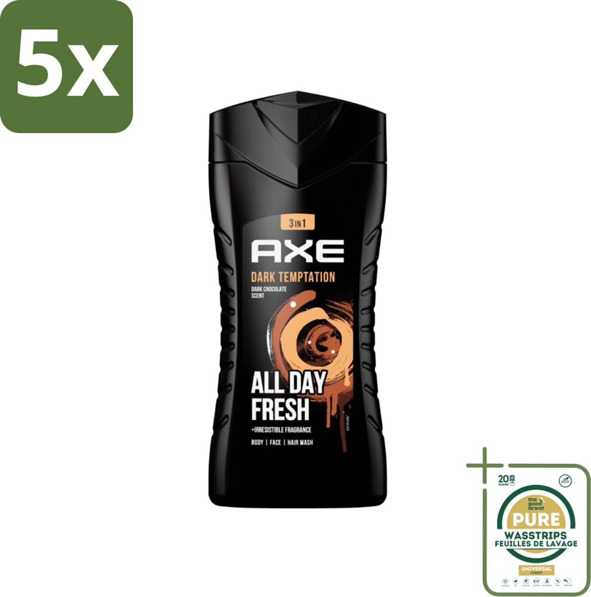 5 x Axe - 3-in-1 Douchegel - Dark Temptation - Dark Chocolate - 250 ml - Grootverpakking - Douchegel - 3-in-1 - Lichaam - Gezicht - Haar