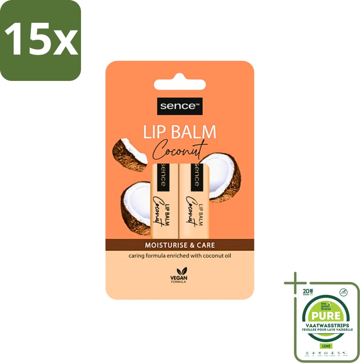 15 x Sence - Moisturise & Care - Lippenbalsem Duo - Verzorgend - 2 x 4,3 g - Grootverpakking - Lippenbalsem - Kokos - Lippenverzorging - Hydraatatie - Droge Lippen