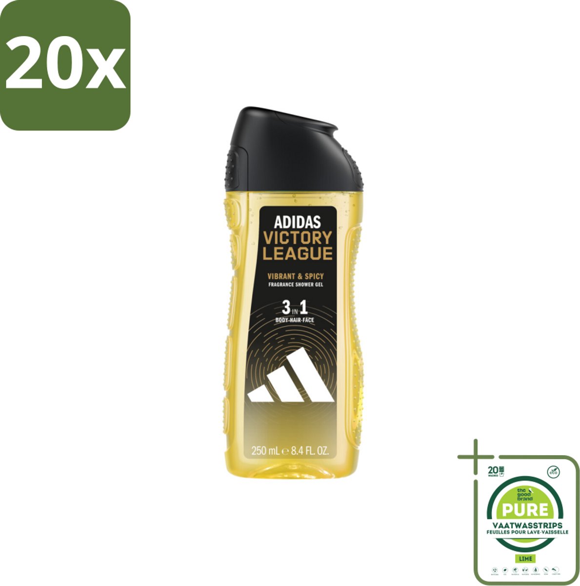20 x Adidas Shower Gel Victory League 250 ml - Grootverpakking - Douchegel - 3-in-1 - Lichaam - Gezicht - Haar