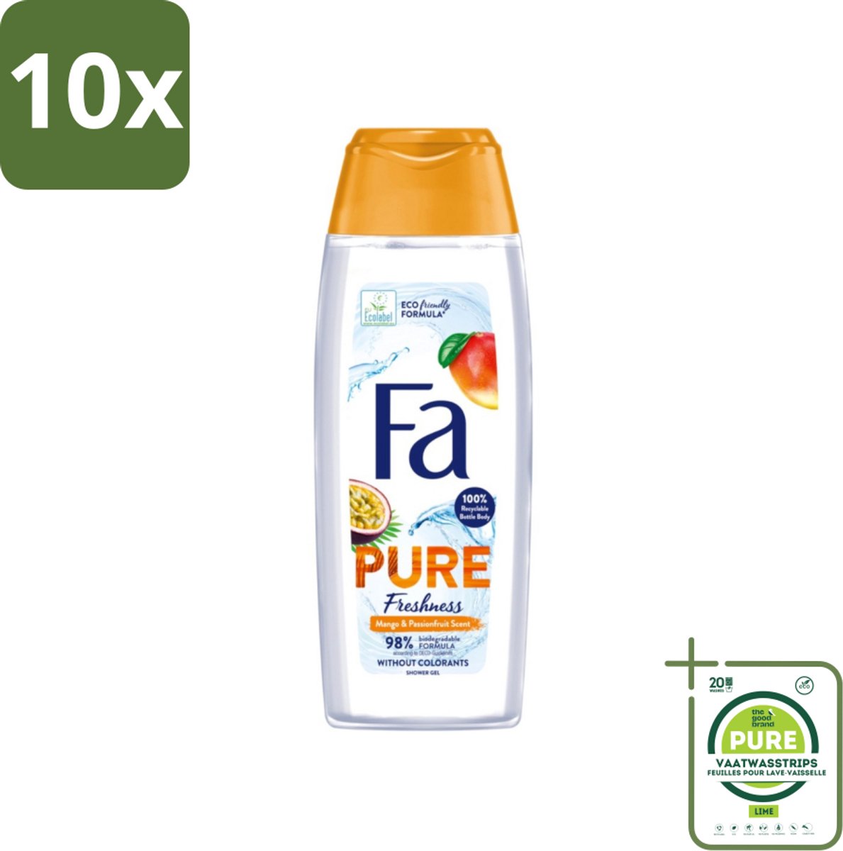10 x Fa - Douchegel - Pure Freshness Mango & Passievrucht - Verfrissend & Zoet - Hydraterend - 250 ml - Grootverpakking - Douchegel Mango Passievrucht - Verfrissende Geur - Hydraterende Douchegel - Tropische Geur - Huidverzorging