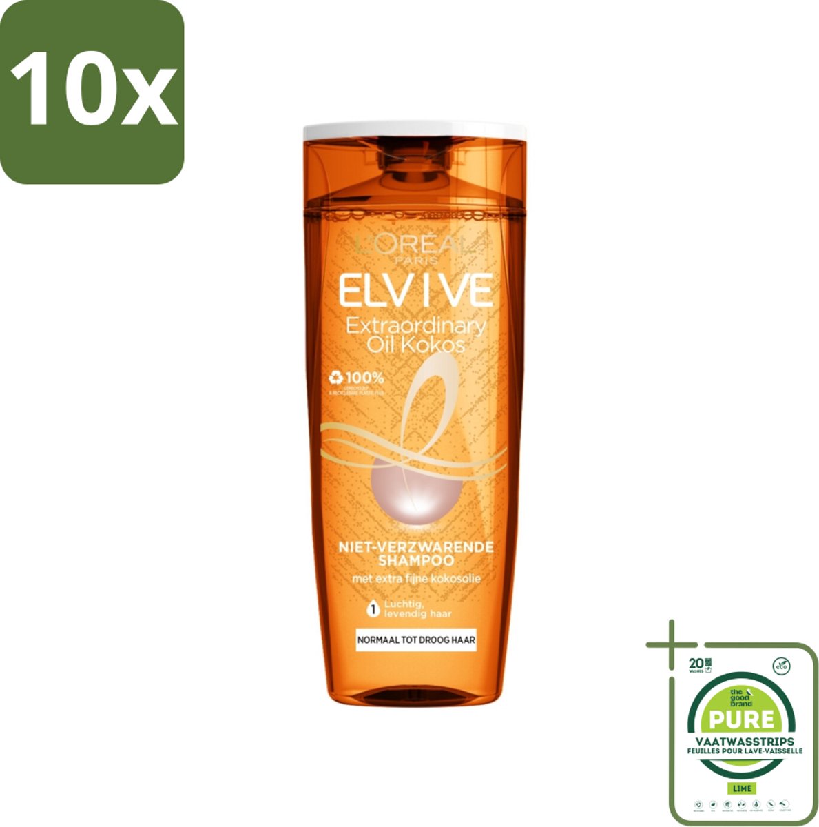 10 x L'Oréal Paris Elvive - Shampoo - Extraordinary Oil - Kokosolie - Voor Droog Haar - 250 ml - Grootverpakking - Droog Haar - Kokosolie Shampoo - Fijne Kokosolie - Siliconenvrije Shampoo - Voedend Shampoo