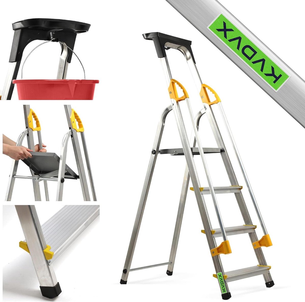 Aluminium Ladder - Vouwbare Trapladder - Hoge Planken Bereiken - Met Gereedschapsplank - 4 Treden - Aluminium