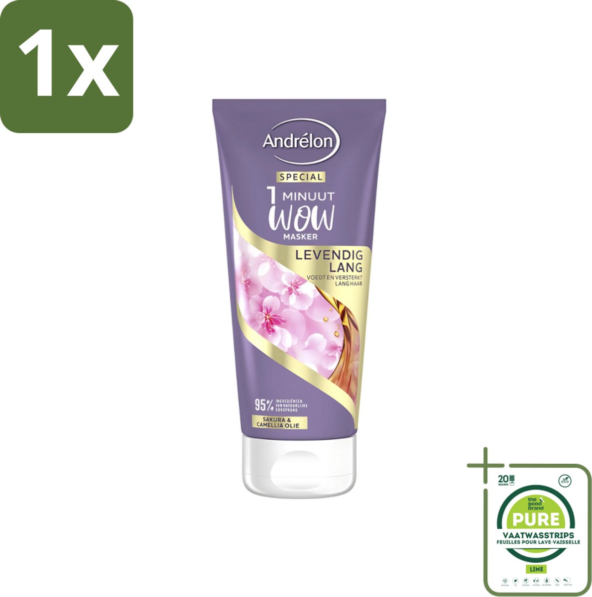 1 x Andrélon - 1 Minuut Wow Haarmasker - Levendig Lang - 180 ml - 1 Minuut Masker - Lang Haar Masker - Sakura En Camellia-olie - Haar Herstel - Haar Verzorging