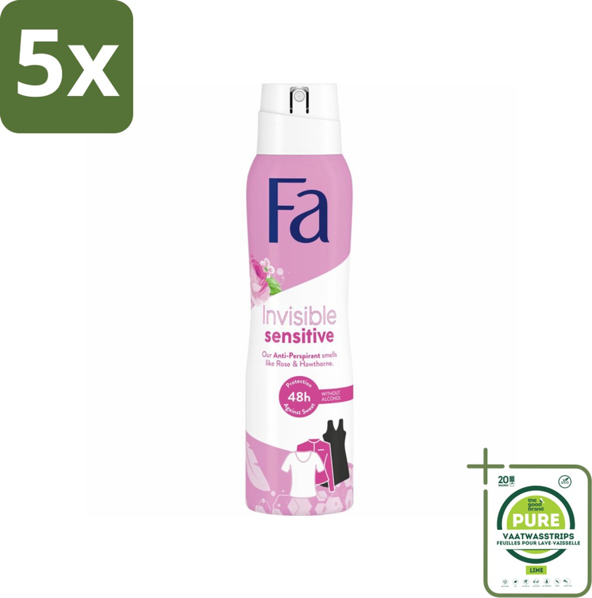 5 x Fa Deodorant Spray Invisible Sensitive 150 ml - Grootverpakking - Deodorant Spray - Anti-transpirant - Perspirant - Gevoelige Huid - 48 Uur Bescherming