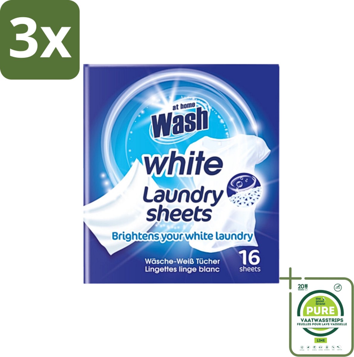 3 x At Home - Wash - Wasdoekjes - Witte Was - Tegen Verkleuring - 12 Doekjes - Grootverpakking - Wasdoekjes - Witte Was - Verlichten Was - Stralende Was - Wasdoek