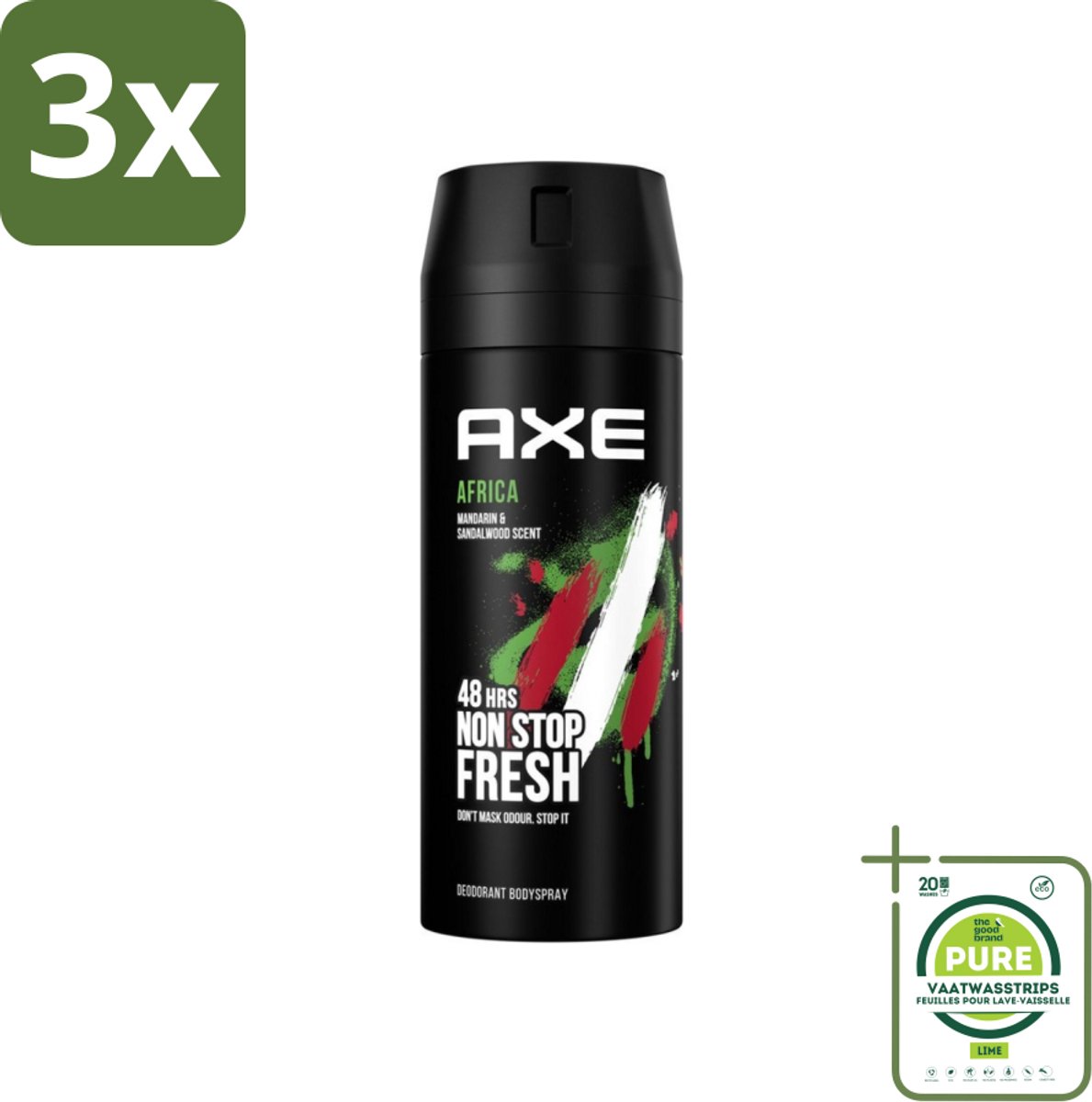 3 x Axe - Deodorant Bodyspray - 48hrs Non Stop Fresh - Africa - Mandarin & Sandalwood - 150 ml - Grootverpakking - Deodorant Bodyspray - Geurbeheersing - Mandarijn En Sandelhout - 48 Uur Bescherming - Geurbestrijdend