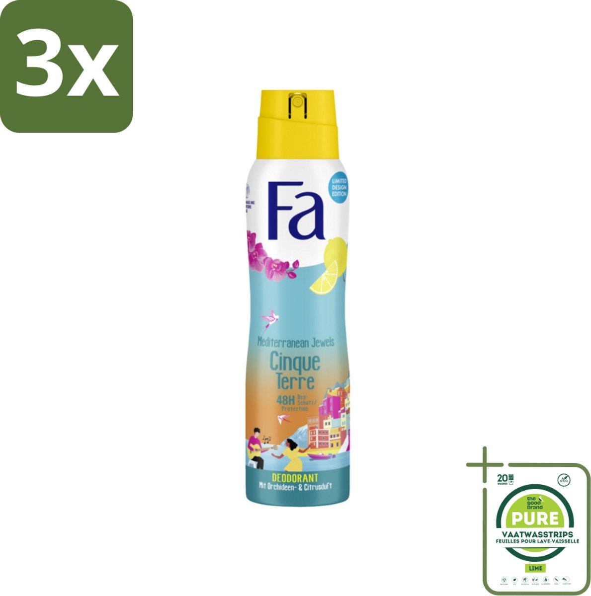 3 x Fa - Deodorant Spray - Mediterranean Jewels - Orchidee & Citrus - 48 uur Bescherming - 150 ml - Grootverpakking - Deodorant Spray - 48 Uur Bescherming - Orchidee Citrus - Vegan Deodorant - Aluminiumzoutvrij