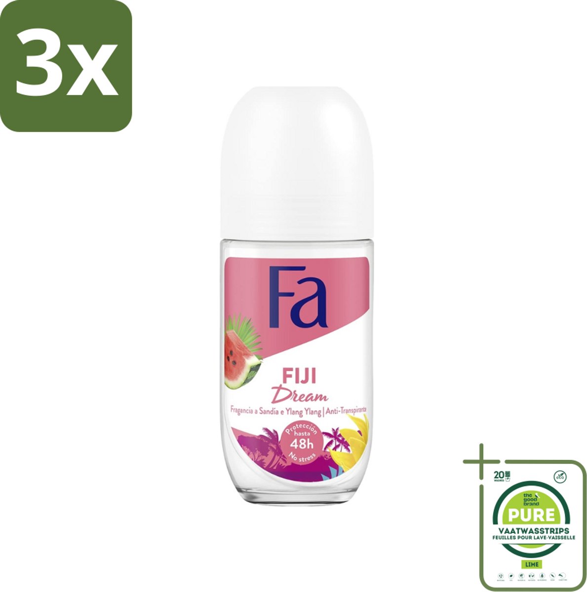 3 x Fa - Deodorant Roller - Fiji Dream - Watermeloen & Ylang Ylang - 48 uur Bescherming - 50 ml - Grootverpakking - 48 Uur Bescherming - Deodorant Roll-on - Watermeloen Geur - Ylang Ylang Geur - Huidvriendelijk