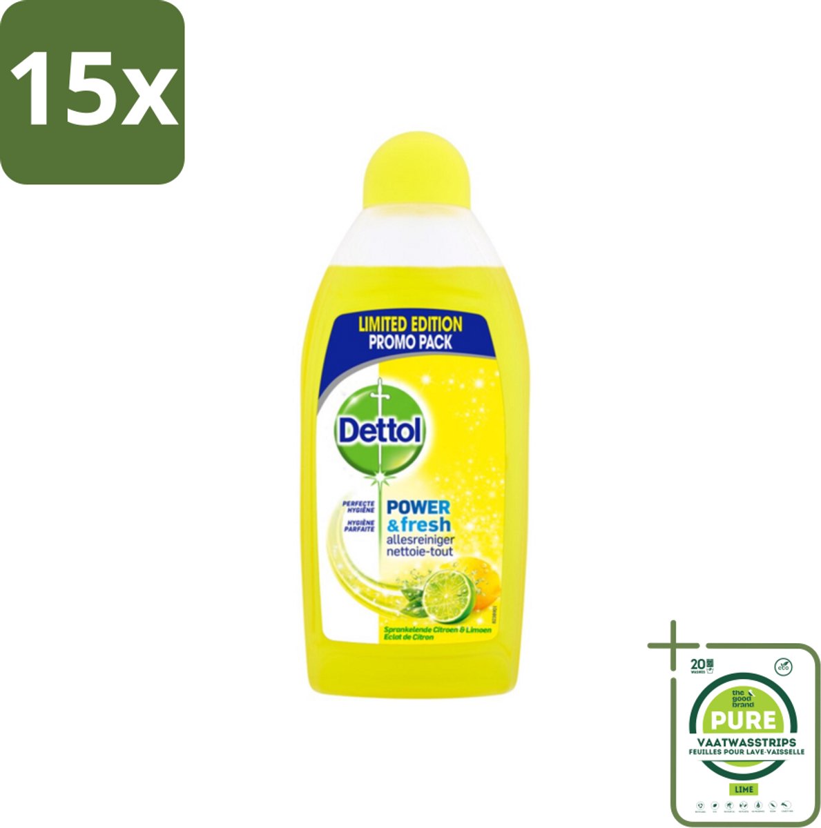 15 x Dettol Power & Fresh Allesreiniger Citrus 500 ml - Grootverpakking - Dettol Allesreiniger - Vet Verwijderen - Voedselresten Verwijderen - Badkamervuil Verwijderen - Citroengeur
