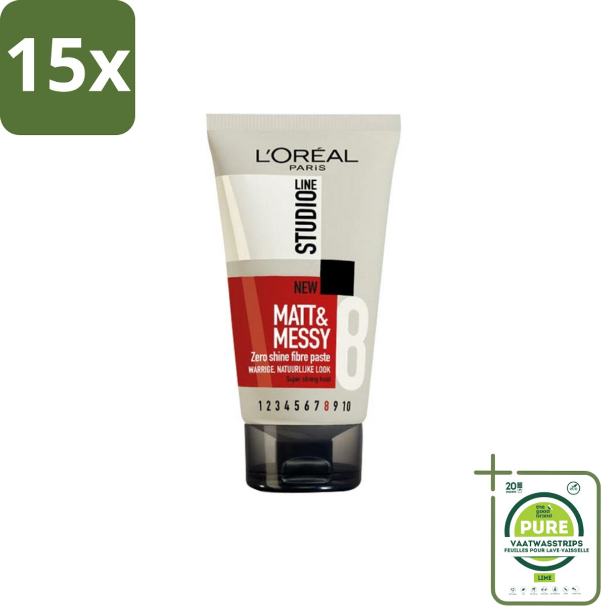 15 x L'Oréal Studio Line Matt & Messy Zero Shine Fibre Paste 150 ml - Grootverpakking - Matte Haar - Nonchalant Haar - Ruige Haar - Stijlvol Haar - Sterk Haar