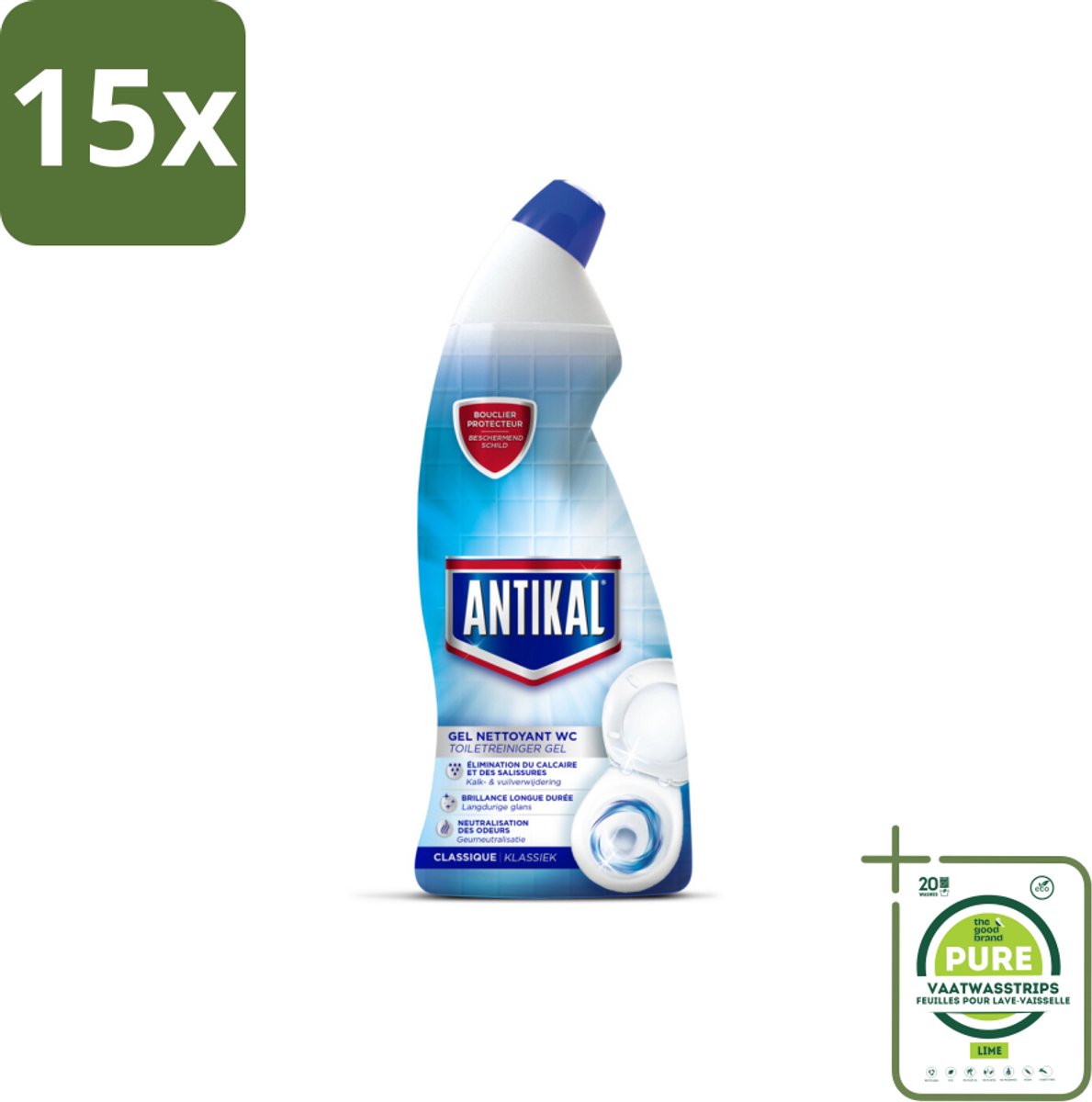 15 x Antikal WC Gel 750 ml - Grootverpakking - Toiletreiniger - Kalkverwijdering - Frisheid - Geurcontrole - Toilet Reinigen