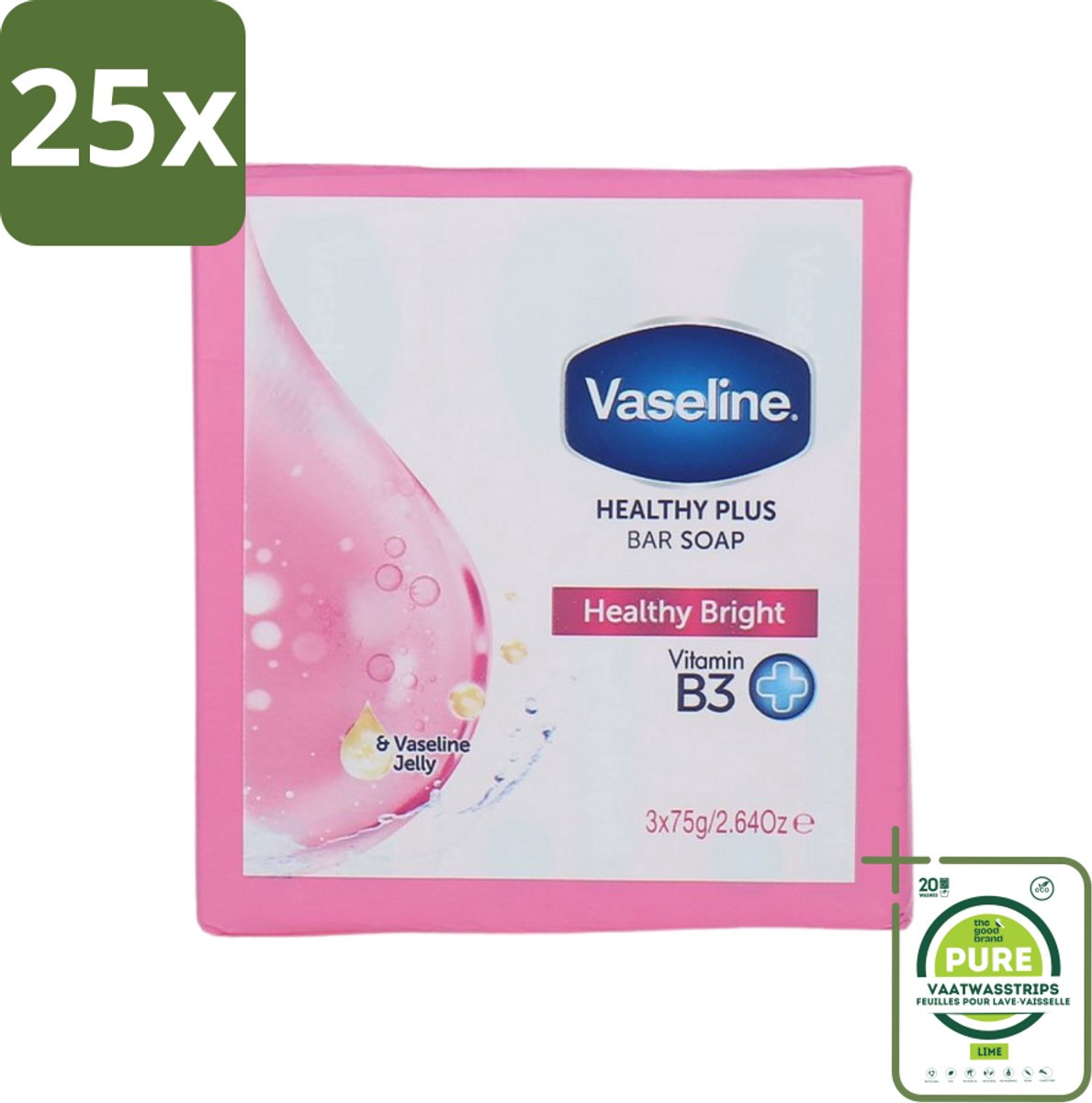 25 x Vaseline - Healthy Bright - Zeeptablet - Reinigend & Verzorgend - 3x75 ml - Grootverpakking - Zeep - Huidverzorging - Reiniging - Gezondheid - Handen