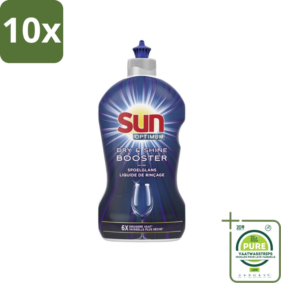 10 x Sun - Shine & Dry Booster - Spoelglans - 450 ml - Grootverpakking - Vaatwasmachine - Spoelglans - Droogtijd - Glanzend Vaat - Streeploos Vaat