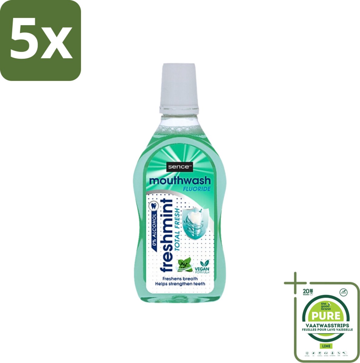 5 x Sence - Fresh Freshmint - Mondwater - Fris & Muntig - 500 ml - Grootverpakking - Mondwater - Mondverzorging - Frisse Adem - Tandplak - Mondgezondheid