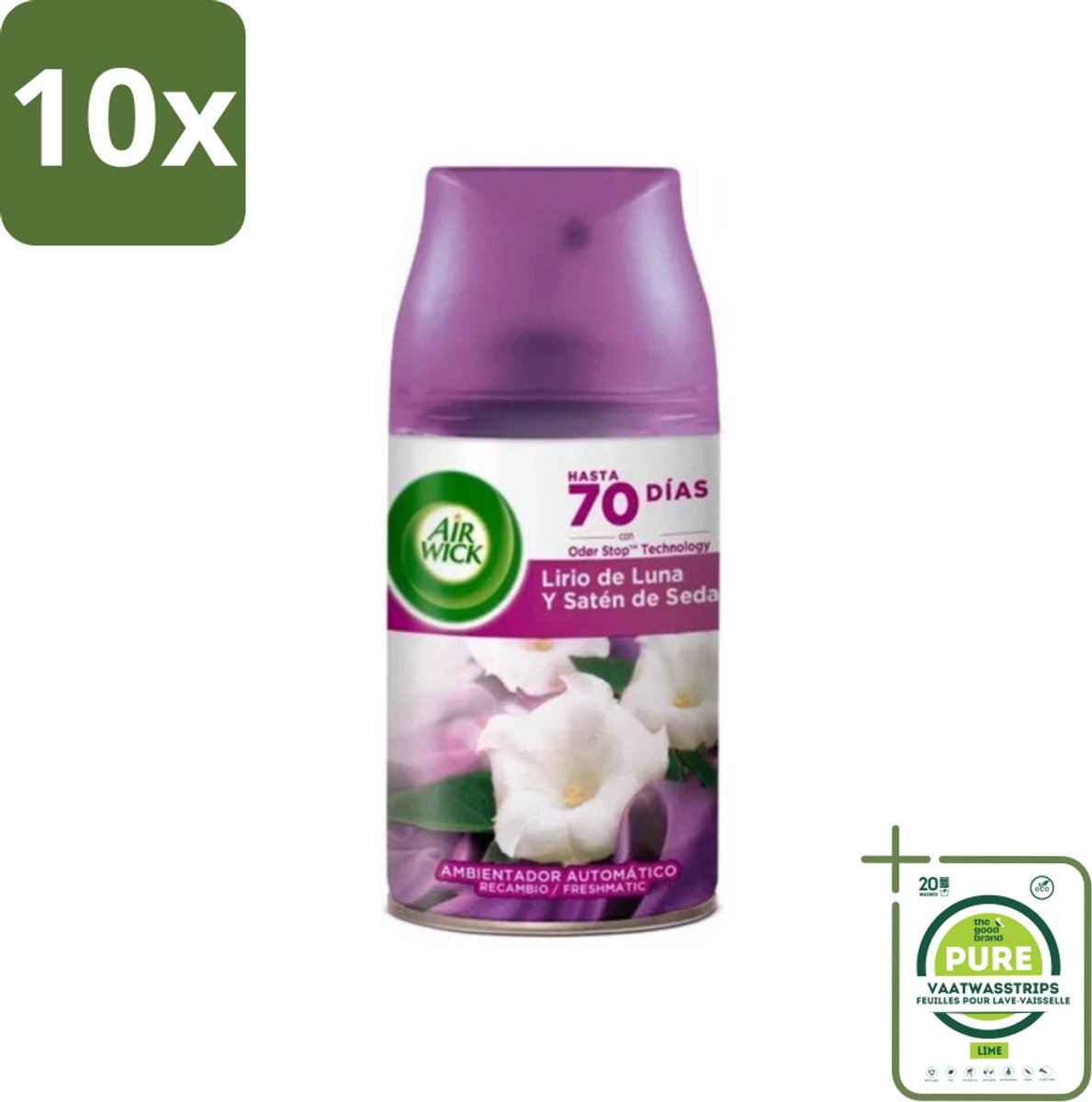 10 x Air Wick - Luchtverfrisser Navulling - Maan Lelie - Automatische Spray - 250 ml - Grootverpakking - Maanlelie - Geur - Essentiële Oliën - Geurverspreiding - Frisse Geur