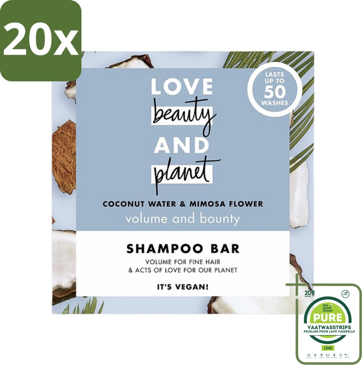 20 x Love Beauty and Planet - Shampoo Bar - Coconut Water & Mimosa Flower - Hydratatie & Volume - 90 g - Grootverpakking - Shampoo Bar - Kokoswater - Mimosa - Volume - Hydratatie