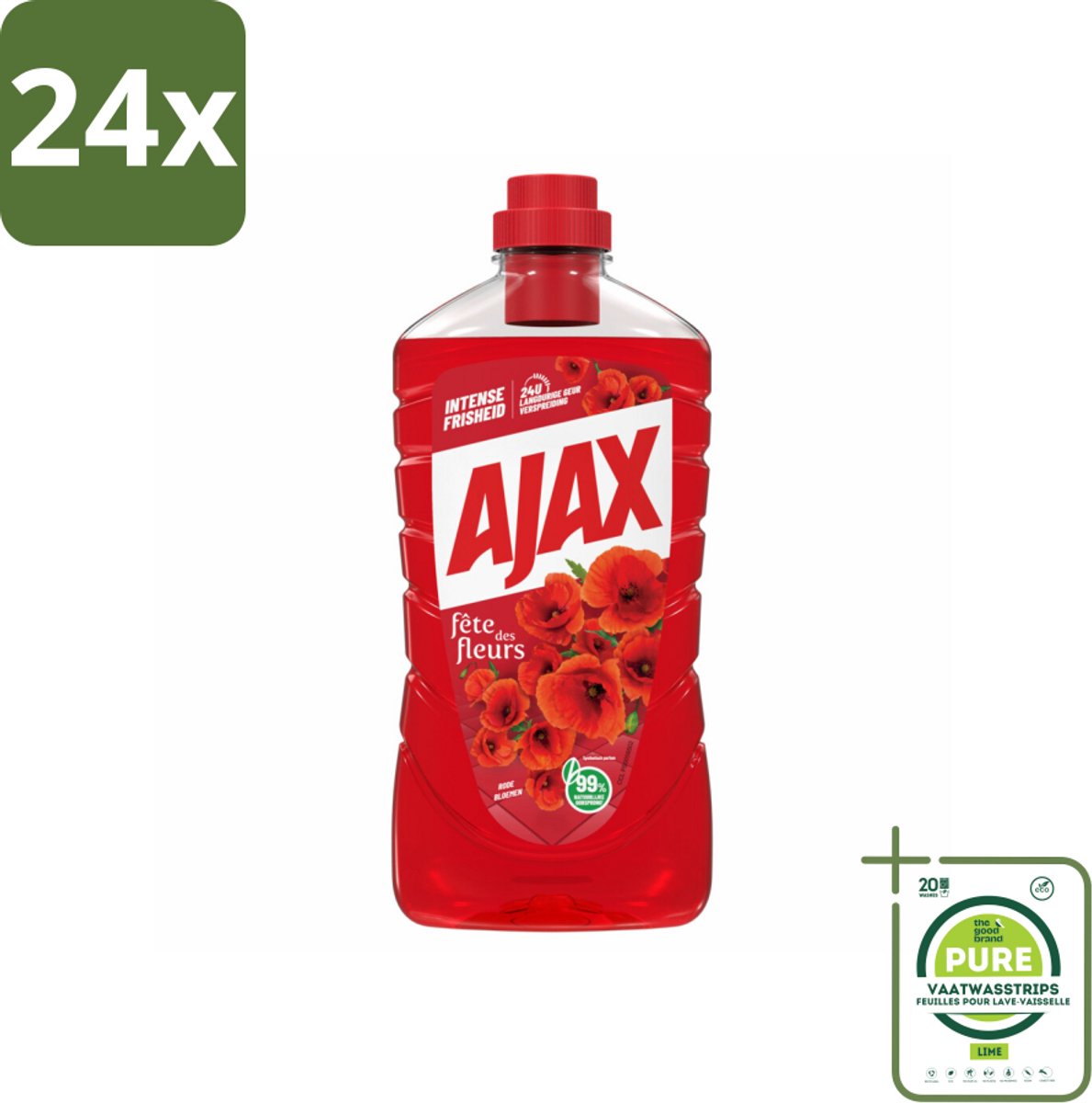 Ajax Allesreiniger Fete de Fleur Rode bloemen 1 liter - Voordeelverpakking - 24 stuks - Allesreiniger - Reinigingsmiddel