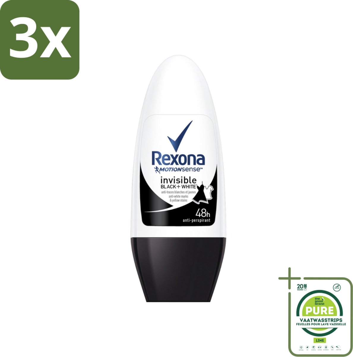 3 x Rexona - Invisible Black & White - Deo Roller - Anti-transpirant - 50 ml - Grootverpakking - Deodorant - Anti-transpirant - Vlekkenvoorkomend - 48 Uur Bescherming - Roll-on