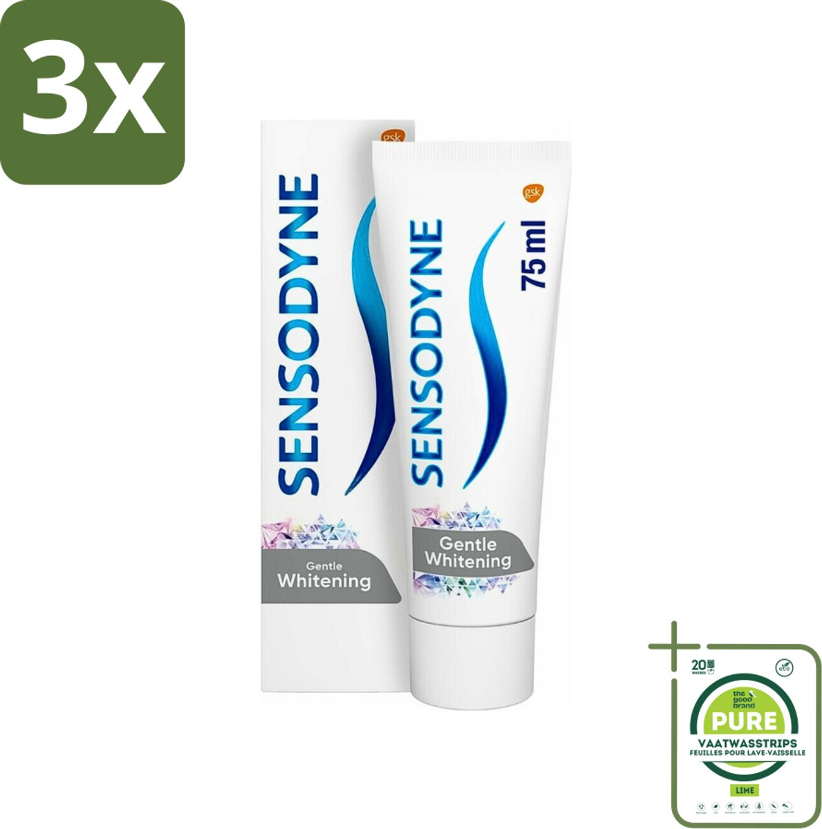 3 x Sensodyne - Tandpasta - Gentle Whitening - Milde Reiniging - 75 ml - Grootverpakking - Gevoelige Tanden - Tandpasta - Witte Tanden - Glazuur Beschermen - Gevoeligheid Verlichten