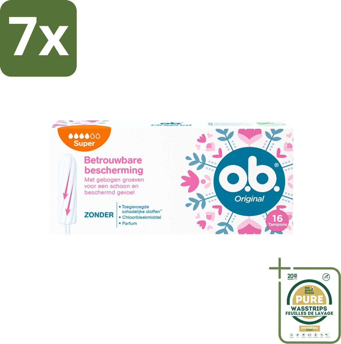 7 x o.b. Tampons - Original Super - Gebogen Groeven - Voor Betrouwbare Bescherming - 16 Tampons - Grootverpakking - Tampons - Menstruatiebescherming - Gebogen Groeven - StayDry - Plantaardige Kern