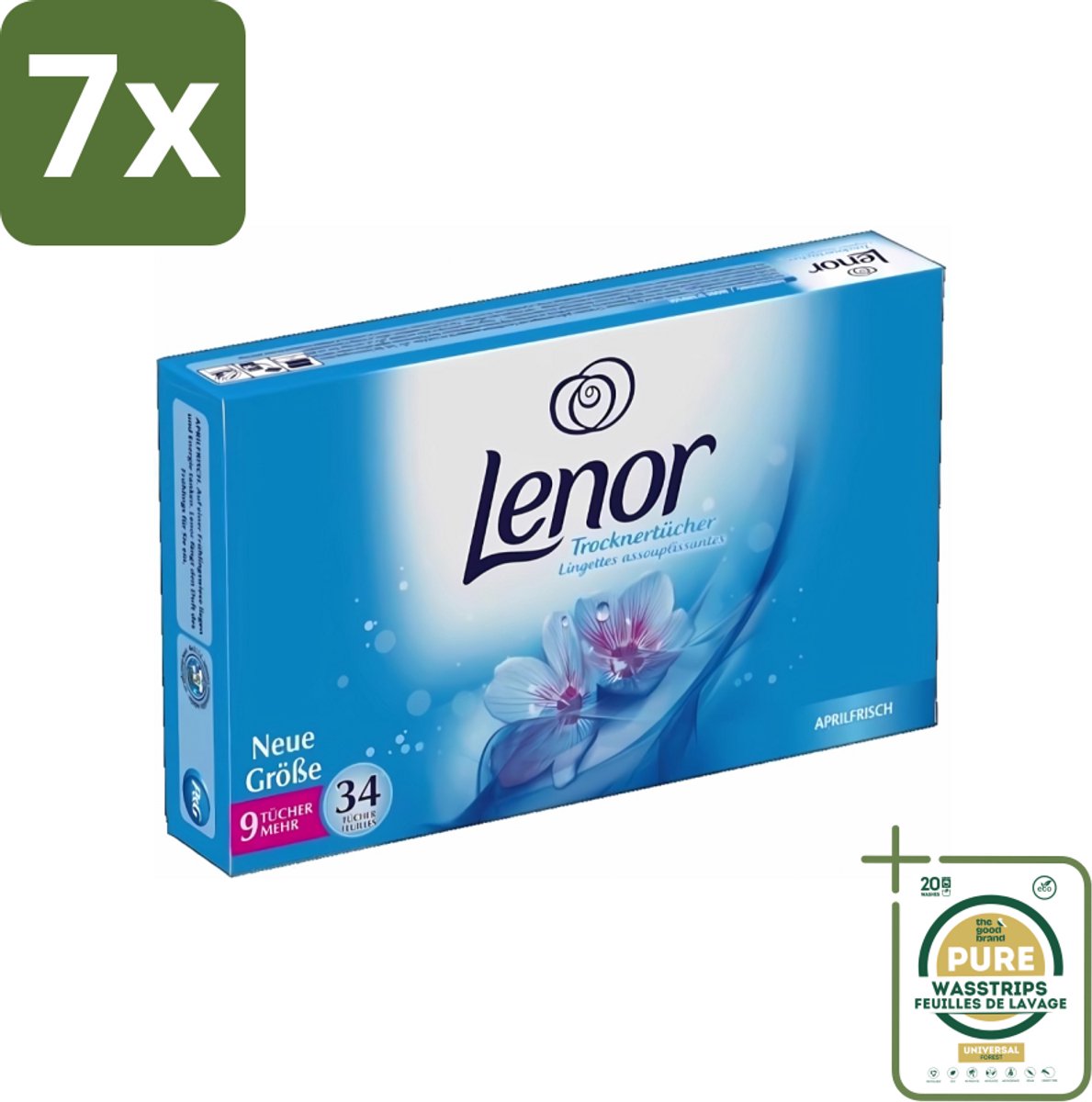 7 x Lenor - Droogtrommeldoekjes - Aprilfris - Textielverfrisser - 34 Doekjes - Grootverpakking - Droogtrommeldoekjes - Wasdoekjes - Textielverfrisser - Frisheid - Statische Elektriciteit